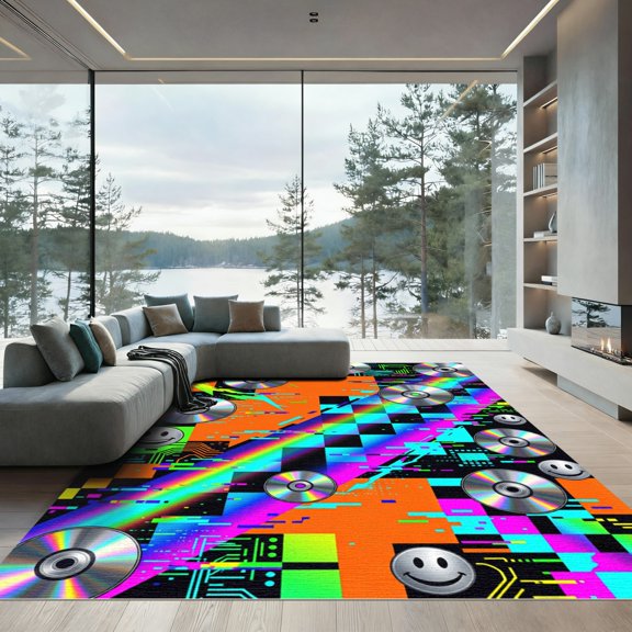 ODIKA 4' x 6' Machine Washable Non-Slip Area Rug, 90s checkered High Traffic Rug, Orange, 1186431