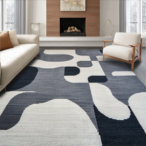 ODIKA 4'x6' Machine Washable Non-Slip Area Rug, Deep Grey Bath Modern Abstract for Bathrooms High Traffic Rug, Gray, 104270