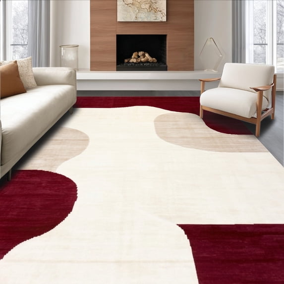 ODIKA 4' x 6' Machine Washable Non-Slip Area Rug, Abstract Blob High Traffic Rug, Red, 141064