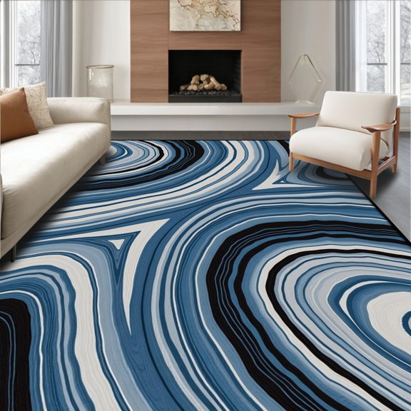 ODIKA 4'x6' Machine Washable Non-Slip Area Rug, Marble Swirl Modern Abstract Motif High Traffic Rug, Blue, 487241