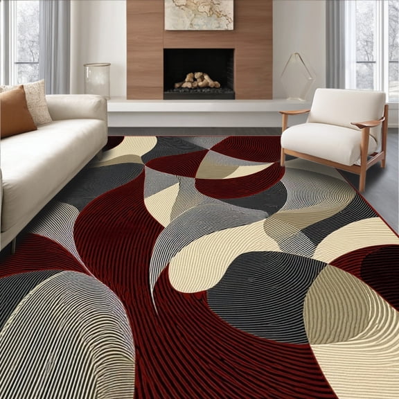 ODIKA 4' x 6' Machine Washable Non-Slip Area Rug, Abstract Circle High Traffic Rug, Red, 52866