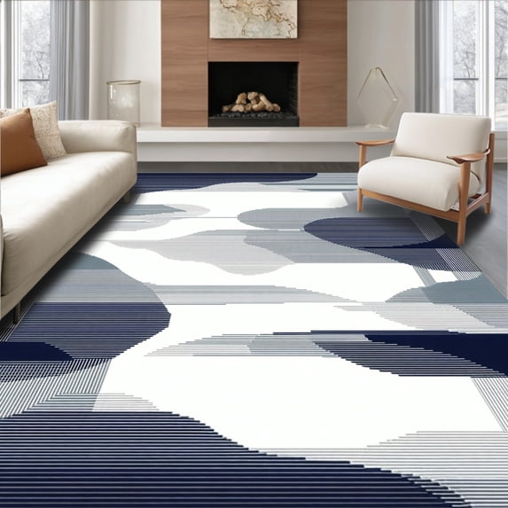 ODIKA 4'x6' Machine Washable Non-Slip Area Rug, Abstract Line in Grey and Navy Modern Design High Traffic Rug, Gray, 104796
