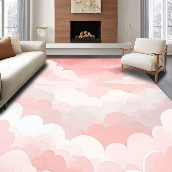 ODIKA 4'x6' Machine Washable Non-Slip Area Rug, Dreamy Cloudscape Floor for and Teens Aesthetic Nursery Room High Traffic Rug, Pink, 138647