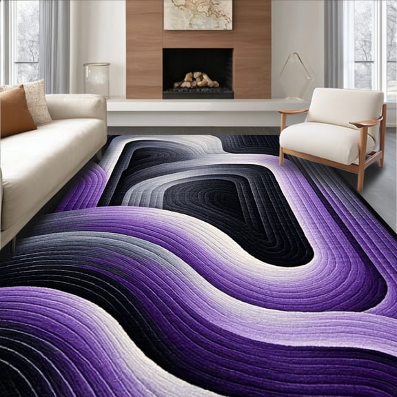 ODIKA 4'x6' Machine Washable Non-Slip Area Rug, Abstract Swirl Maze with Bold Interlocking Lines and Fluid Motifs High Traffic Rug, Purple, 269843