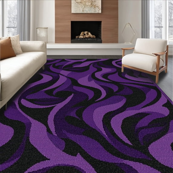 ODIKA 4'x6' Machine Washable Non-Slip Area Rug, Gothic Elegance Abstract Design with Dark Tones High Traffic Rug, Purple, 269937