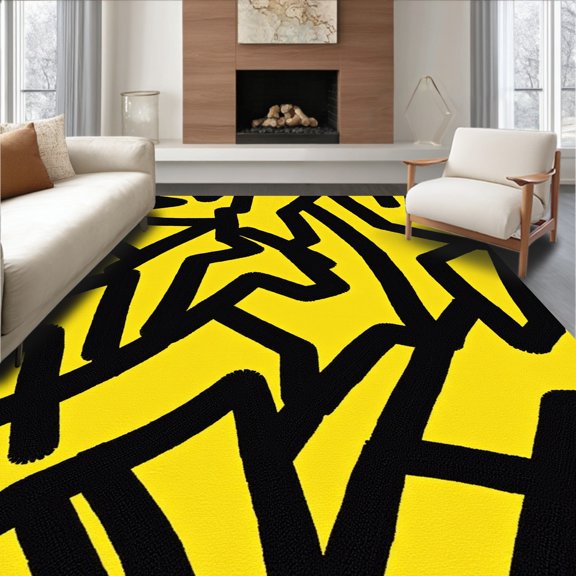ODIKA 4' x 6' Machine Washable Non-Slip Area Rug, Abstract Lightning-Bolt High Traffic Rug, Yellow, 306053