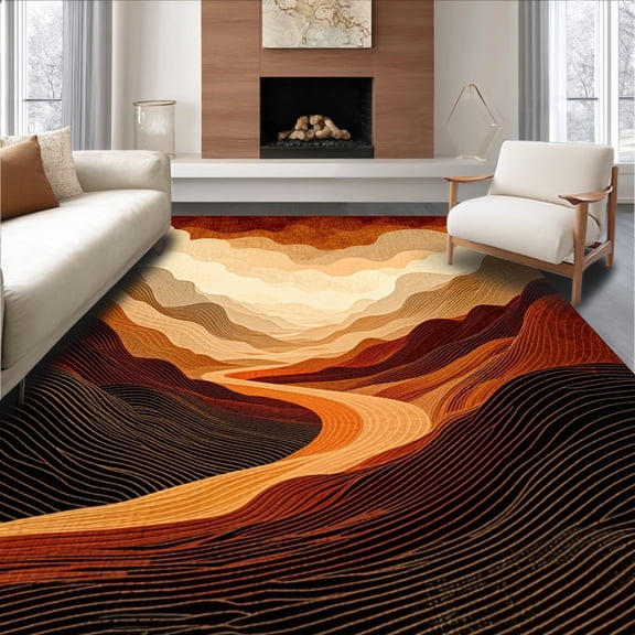 ODIKA 4'x6' Machine Washable Non-Slip Area Rug, Shag With Artistic Waterfall Wave Design High Traffic Rug, Brown, 130581
