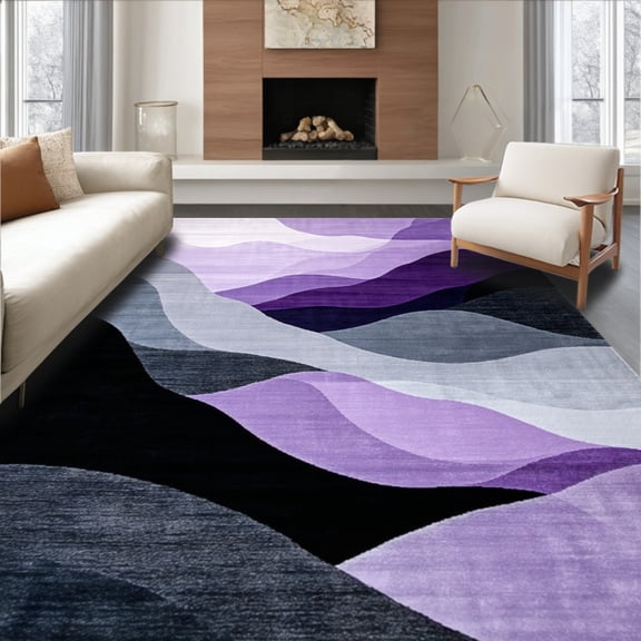 ODIKA 4'x6' Machine Washable Non-Slip Area Rug, Abstract Interlocking Waves with Gradient Shadow Accents Design High Traffic Rug, Purple, 269847