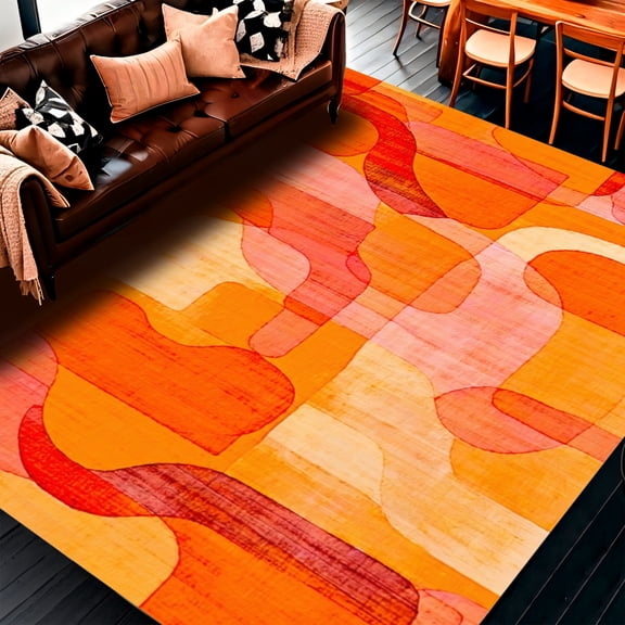 ODIKA 4'x6' Machine Washable Non-Slip Area Rug, Abstract Brushstroke Artistic Statement High Traffic Rug, Orange, 130388