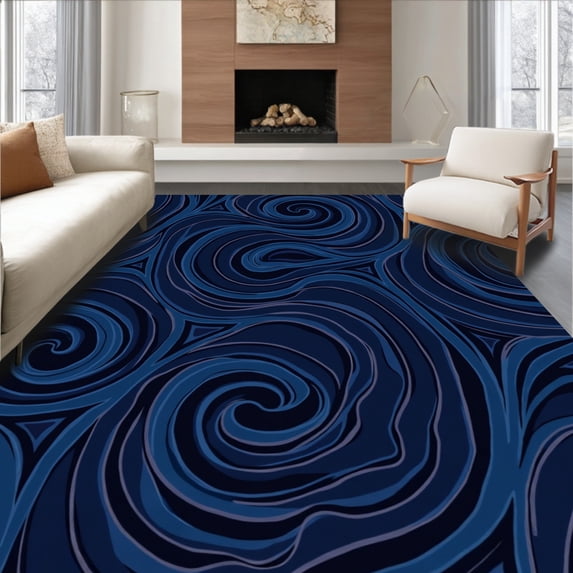 ODIKA 4'x6' Machine Washable Non-Slip Area Rug, Luxurious Swirl Velvet Textured Elegant Contemporary Plush High Traffic Rug, Blue, 579649