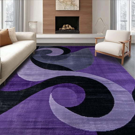 ODIKA 4'x6' Machine Washable Non-Slip Area Rug, Abstract Swirl with Deep and Charcoal Tones High Traffic Rug, Purple, 269898