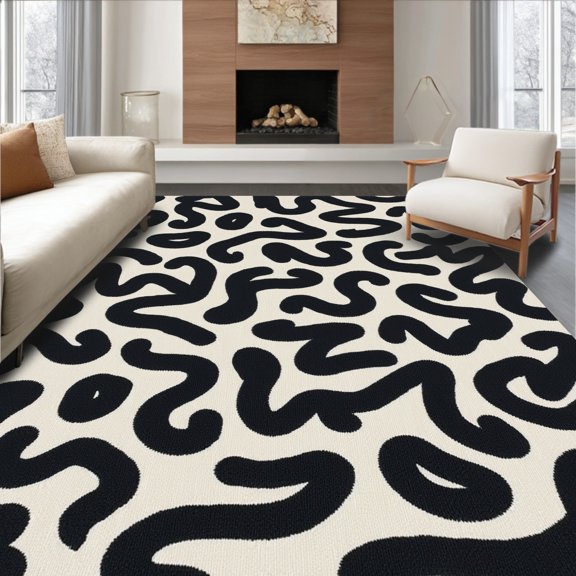 ODIKA 4' x 6' Machine Washable Non-Slip Area Rug, Abstract Squiggle High Traffic Rug, Black, 308997