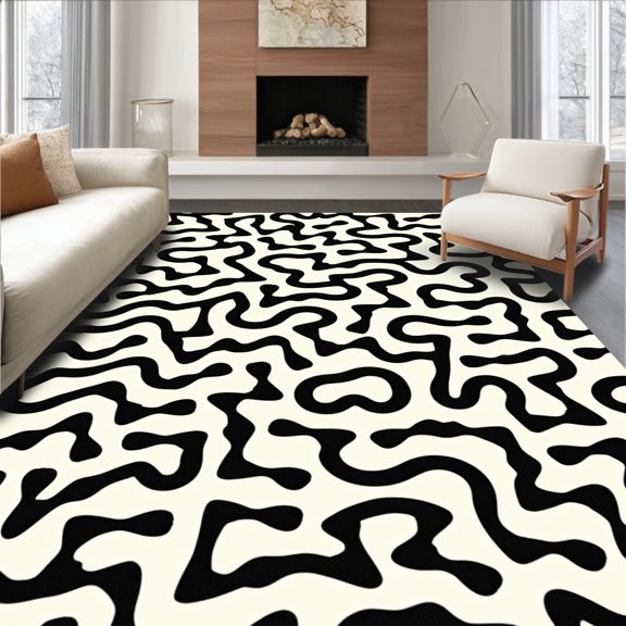 ODIKA 4' x 6' Machine Washable Non-Slip Area Rug, Abstract Squiggle High Traffic Rug, Black, 361482