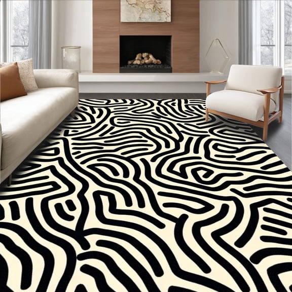 ODIKA 4' x 6' Machine Washable Non-Slip Area Rug, Abstract Squiggle High Traffic Rug, Black, 389626