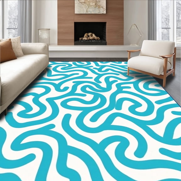 ODIKA 4' x 6' Machine Washable Non-Slip Area Rug, Abstract Squiggle High Traffic Rug, Blue, 287941