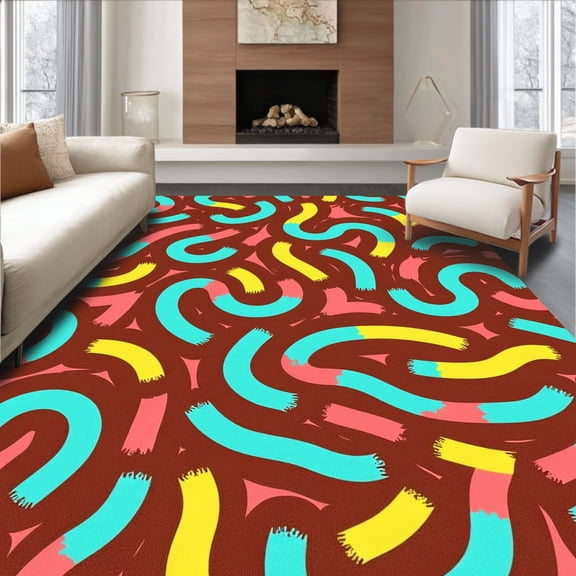 ODIKA 4'x6' Machine Washable Non-Slip Area Rug, Modern Abstract Brushstroke Maze with Vibrant Pastel Accents High Traffic Rug, Brown, 497825