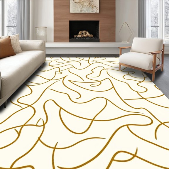 ODIKA 4' x 6' Machine Washable Non-Slip Area Rug, Abstract Squiggle High Traffic Rug, Gold, 401449