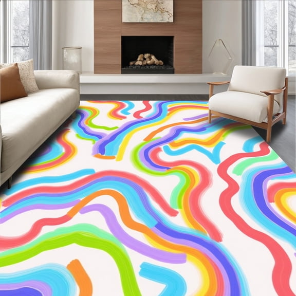 ODIKA 4' x 6' Machine Washable Non-Slip Area Rug, Abstract Squiggle High Traffic Rug, Red, 395306