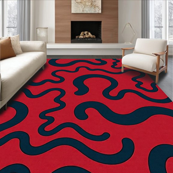 ODIKA 4' x 6' Machine Washable Non-Slip Area Rug, Abstract Squiggle High Traffic Rug, Red, 415587