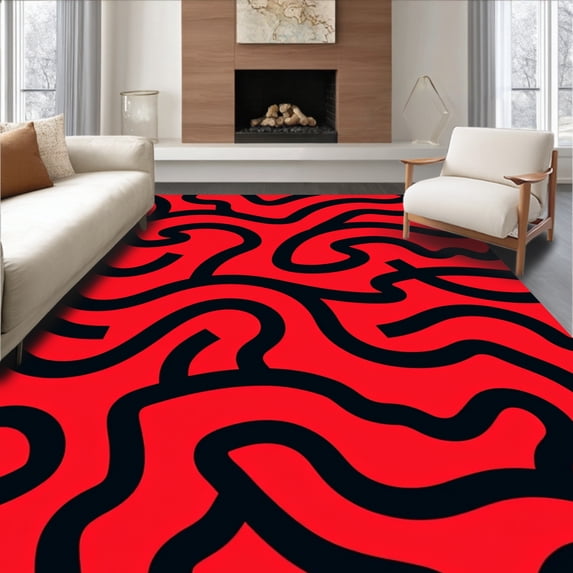 ODIKA 4' x 6' Machine Washable Non-Slip Area Rug, Abstract Squiggle High Traffic Rug, Red, 448939