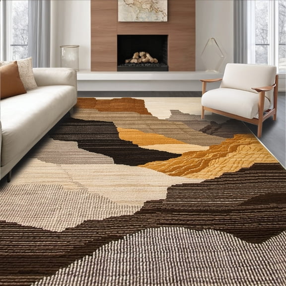 ODIKA 4'x6' Machine Washable Non-Slip Area Rug, Canyon Crest Interlocking Ridge Lines High Traffic Rug, Beige, 254570
