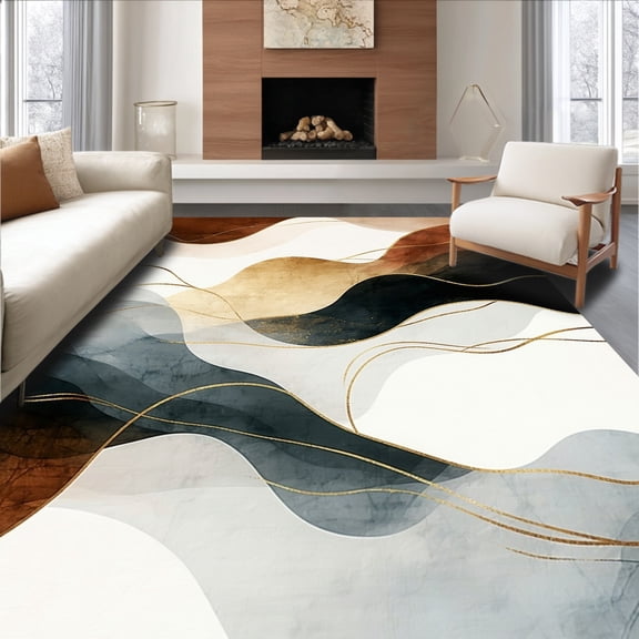 ODIKA 4'x6' Machine Washable Non-Slip Area Rug, Abstract Brushstroke Waves with Metallic Accents and Interwoven Motifs High Traffic Rug, Beige, 130335