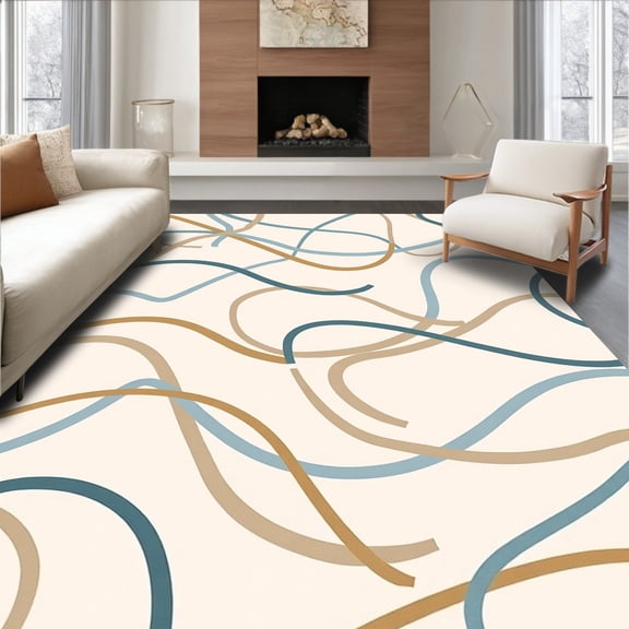 ODIKA 4'x6' Machine Washable Non-Slip Area Rug, Wave with Curved Interlocking Stripes and Subtle High Traffic Rug, Beige, 523620