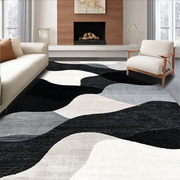 ODIKA 4'x6' Machine Washable Non-Slip Area Rug, Abstract Waves High Traffic Rug, Black, 130511
