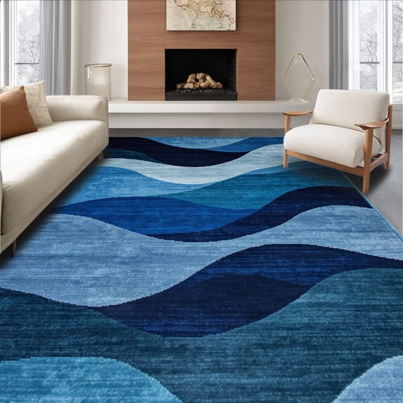 ODIKA 4'x6' Machine Washable Non-Slip Area Rug, Chic Abstract Wave Design with Sophisticated Elegance High Traffic Rug, Blue, 136293