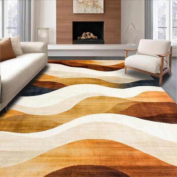 ODIKA 4'x6' Machine Washable Non-Slip Area Rug, Luxurious Tie Dye Swirl Design with Earthy Gradient Waves High Traffic Rug, Brown, 130590