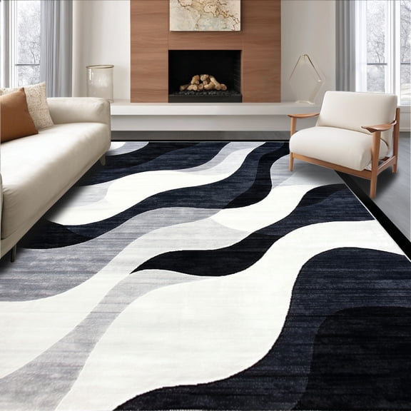 ODIKA 4'x6' Machine Washable Non-Slip Area Rug, Dynamic Abstract Swirls High Traffic Rug, Gray, 129335