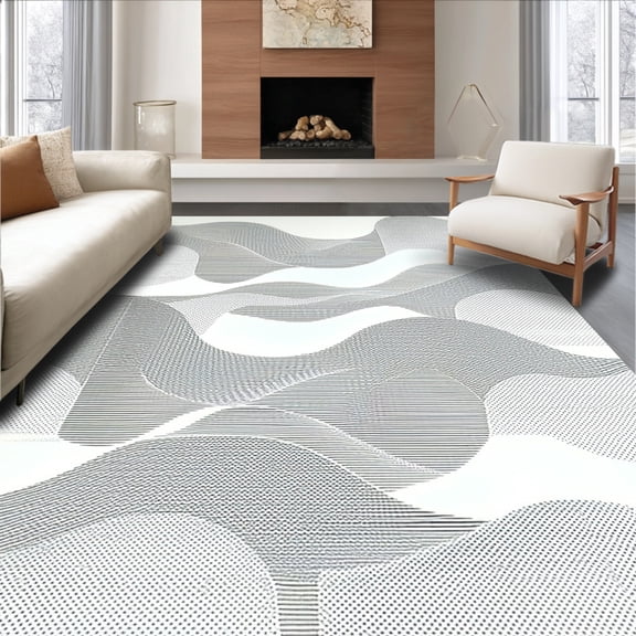 ODIKA 4'x6' Machine Washable Non-Slip Area Rug, Abstract Waveform Artistic Black and Line Art High Traffic Rug, Gray, 146256