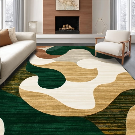 ODIKA 4'x6' Machine Washable Non-Slip Area Rug, Abstract Earthy Tones Flowing Artistic Swirls Contemporary High Traffic Rug, Green, 130370
