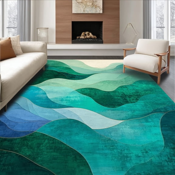 ODIKA 4'x6' Machine Washable Non-Slip Area Rug, Modern Abstract with Flowing Shapes in Green and Teal Tones High Traffic Rug, Green, 81196