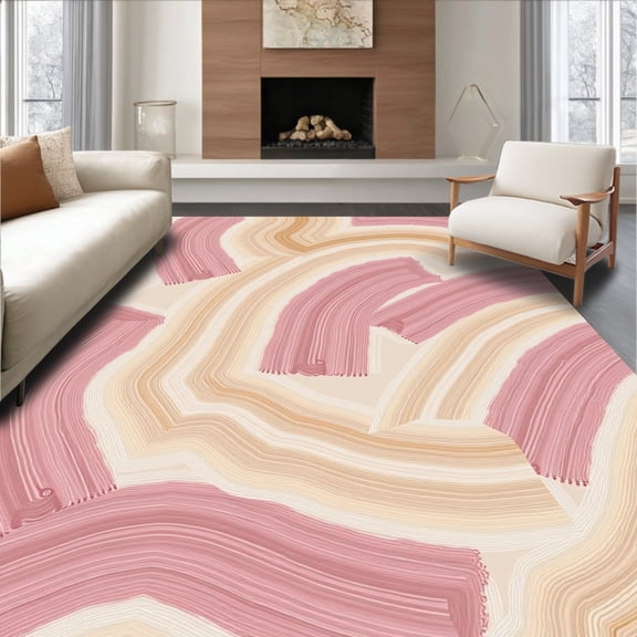 ODIKA 4'x6' Machine Washable Non-Slip Area Rug, Asymmetrical Brushstroke Design with Muted Tones and Freeform Lines High Traffic Rug, Pink, 394329