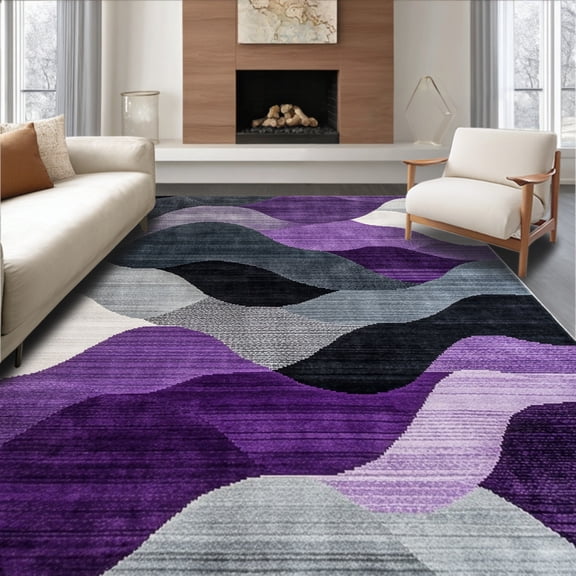 ODIKA 4'x6' Machine Washable Non-Slip Area Rug, Abstract Interlocking Waves With Dynamic Angular Motifs High Traffic Rug, Purple, 269888