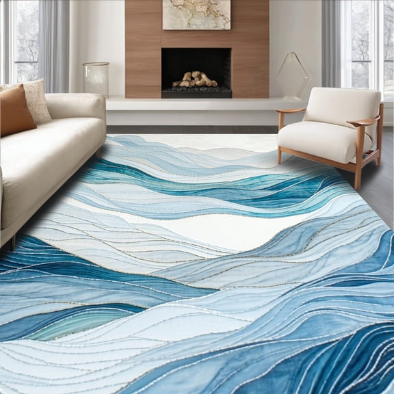 ODIKA 4' x 6' Machine Washable Non-Slip Area Rug, Abstract Waves High Traffic Rug, Blue, 243316