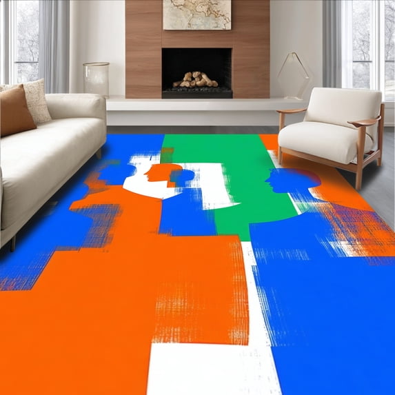 ODIKA 4'x6' Machine Washable Non-Slip Area Rug, Abstract Movement Featuring Playful Figure Sketches and Colorful Strokes High Traffic Rug, Blue, 143538