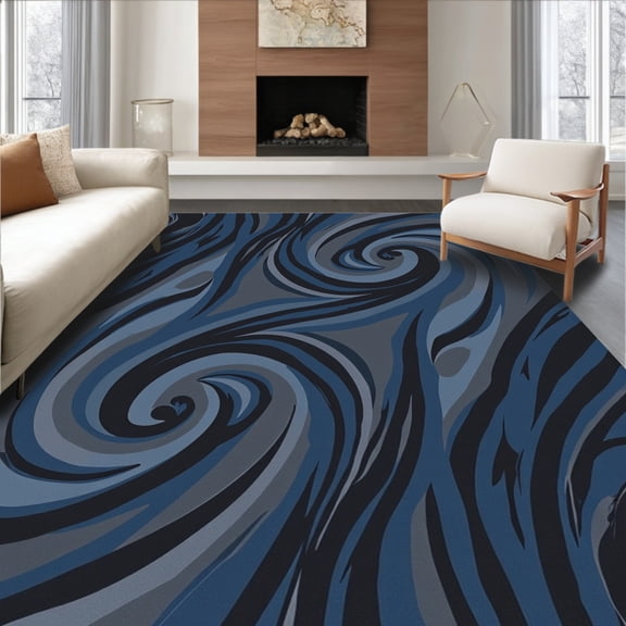 ODIKA 4'x6' Machine Washable Non-Slip Area Rug, Elegant Swirl Cascade Velvety With Marbled Contemporary Finish High Traffic Rug, Blue, 591580