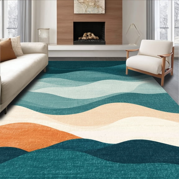 ODIKA 4'x6' Machine Washable Non-Slip Area Rug, Sunset Waves Peach Teal Gradient Artistic Modern High Traffic Rug, Orange, 40375