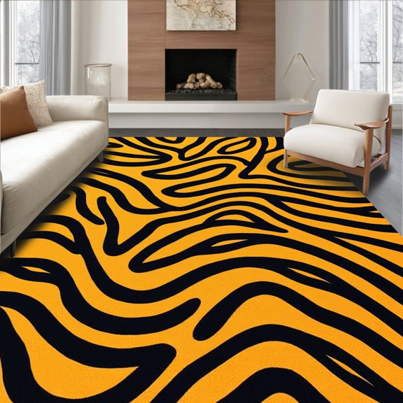 ODIKA 4' x 6' Machine Washable Non-Slip Area Rug, Animal Print Stripe High Traffic Rug, Black, 327233
