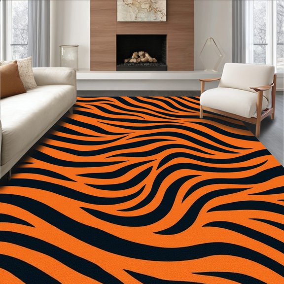 ODIKA 4' x 6' Machine Washable Non-Slip Area Rug, Animal Print Stripe High Traffic Rug, Orange, 296191