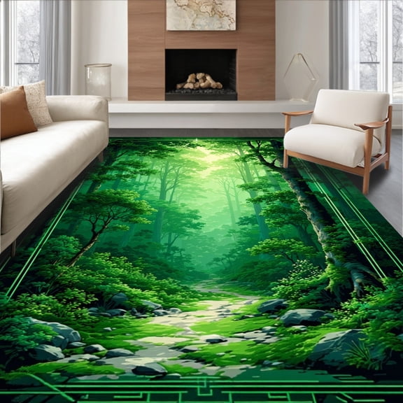 ODIKA 4' x 6' Machine Washable Non-Slip Area Rug, Anime tree High Traffic Rug, Green, 92784