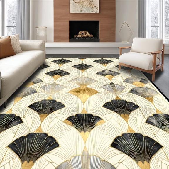 ODIKA 4' x 6' Machine Washable Non-Slip Area Rug, Art Deco Feather High Traffic Rug, Beige, 143708