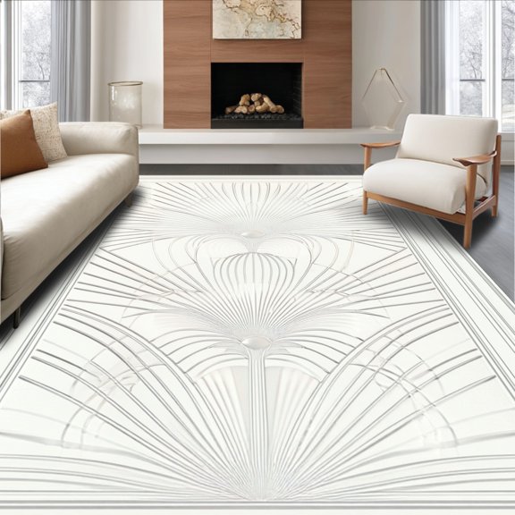 ODIKA 4' x 6' Machine Washable Non-Slip Area Rug, Art Deco Sunburst High Traffic Rug, Gray, 142421