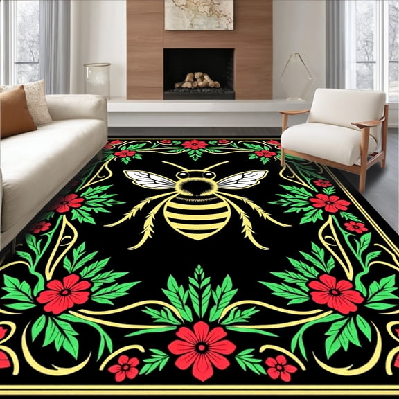 ODIKA 4' x 6' Machine Washable Non-Slip Area Rug, Art Nouveau Bee High Traffic Rug, Black, 746615