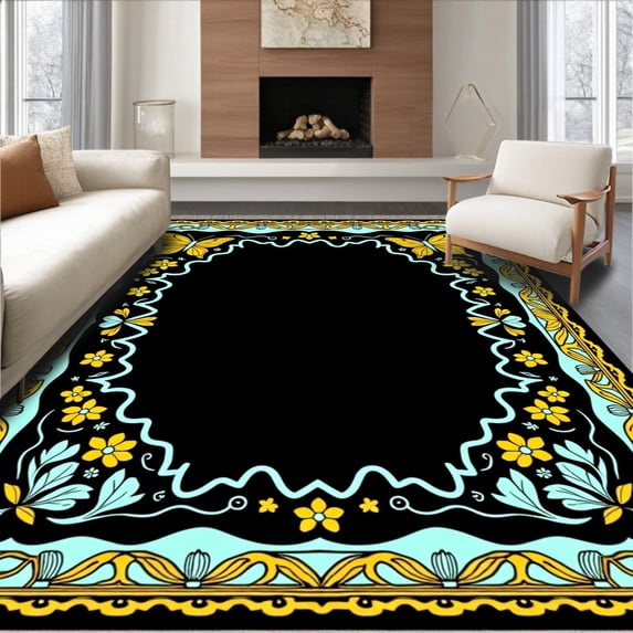 ODIKA 4' x 6' Machine Washable Non-Slip Area Rug, Art Nouveau Butterfly High Traffic Rug, Black, 472824