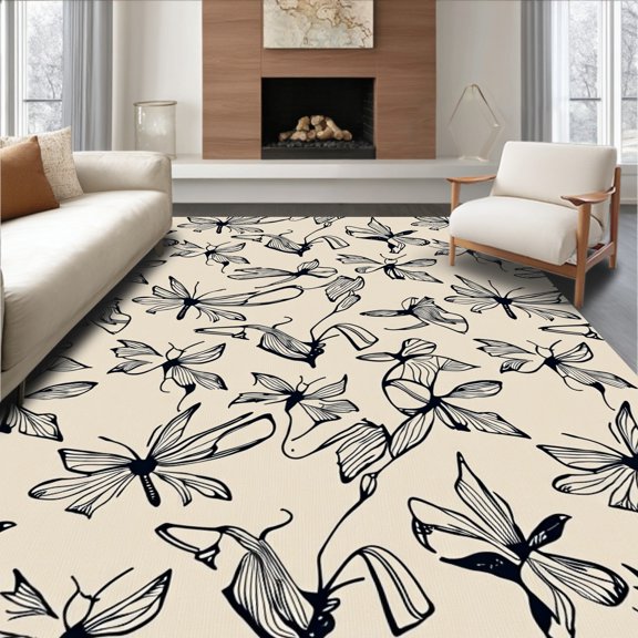 ODIKA 4' x 6' Machine Washable Non-Slip Area Rug, Art Nouveau Dragonfly High Traffic Rug, Beige, 355955