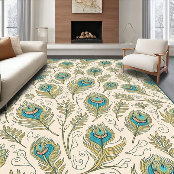 ODIKA 4' x 6' Machine Washable Non-Slip Area Rug, Art Nouveau Feather High Traffic Rug, Ivory, 332261