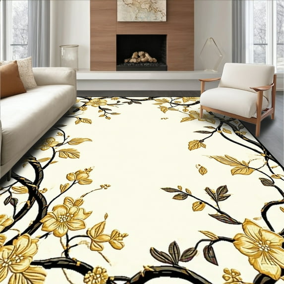 ODIKA 4' x 6' Machine Washable Non-Slip Area Rug, Art Nouveau Flower High Traffic Rug, Beige, 269127